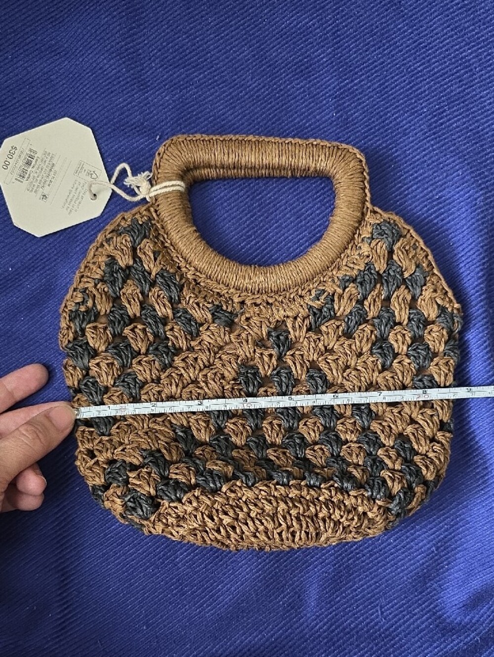 Woven Brown and Black Straw Handbag with Top Handle - Picture 2 of 6